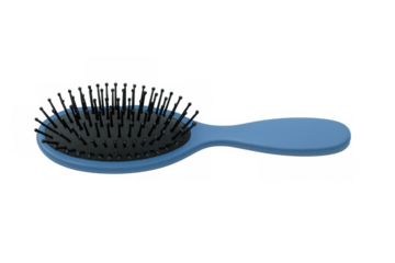 Sleek light blue hairbrush positioned against transparent surface, highlighting minimalist hair care aesthetic