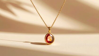 Golden chain necklace with oval reddish stone pendant on a warm, textured background