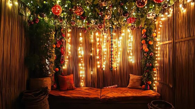 Cozy Sukkot sukkah decorated with lights, fruits, and rustic furniture