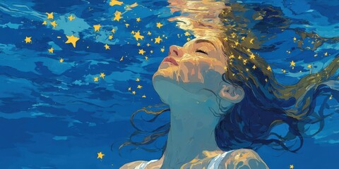 Young Woman Swimming Under Starry Night Water Illustration