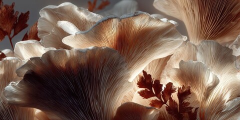 White Pleurotus Eryngii Mushrooms Sunlit Flat Lay on Beige Background