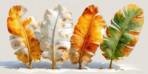 Watercolor Dry Banana and Palm Leaf Set on White Background