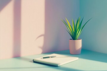 Fototapeta premium Clean workspace featuring a notebook and pen on a minimalist desk
