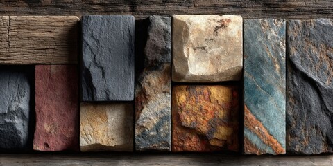 Variety of Natural Stone Slabs Displayed Against Weathered Wall