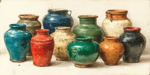 Watercolor Ancient Pottery Set Illustration on White Background