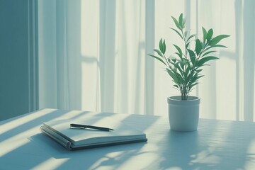 Fototapeta premium Clean workspace featuring a notebook and pen on a minimalist desk