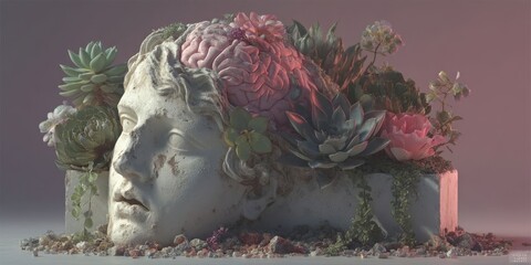 Trendy Venus Head Planter with Paper Brain on Pink Background
