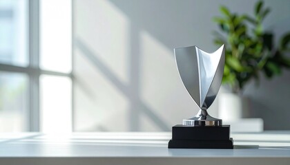 Shiny silver trophy atop a black base, near window & green leaves