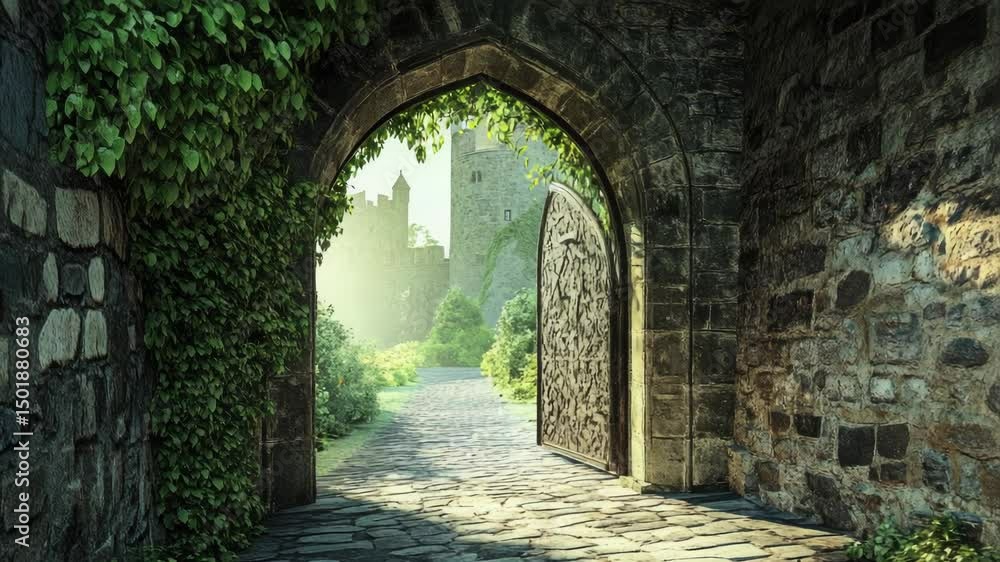 Poster an archway leading to a medieval-style castle with lush ivy covering its stone surface