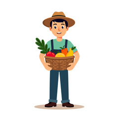 Happy Farmer Holding a Basket Full of Freshly Harvested Fruits and Vegetables Illustration