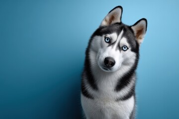 Fototapeta premium Who's a good boy? husky tilts head in curious anticipation against a cerulean studio backdrop