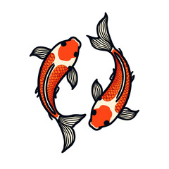 Pair of Elegant Koi Fish Swimming in Harmony, Traditional Japanese Art Style Illustration
