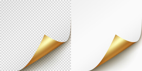 Plakat Curled page corner isolated on transparent and white background. Blank curve paper edge, bent sheet, note angle with realistic shadow. Vector rolled up stickers, peel banners
