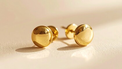 Two gold, round, polished stud earrings casting soft shadows on a textured off-white surface