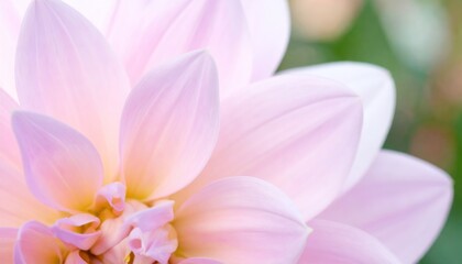 Soft focus close-up of a light pink dahlia flower with golden tones near its center and pale green backdrop