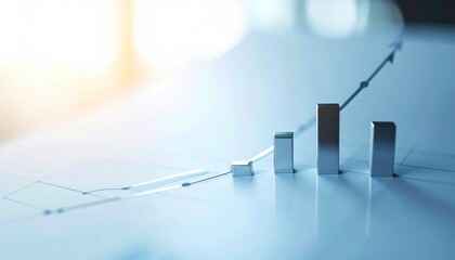 Rising silver bar chart on lined paper. Upward arrow. Light bokeh