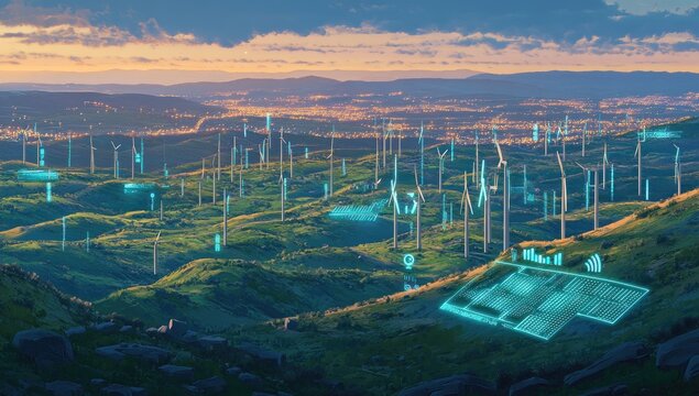 Aerial view of a sustainable energy landscape.  Wind turbines and solar panels are dotted across rolling hills.  Interactive overlays show data