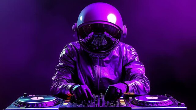 An astronaut DJ performs electronic music in a purple lit environment using professional mixing equipment