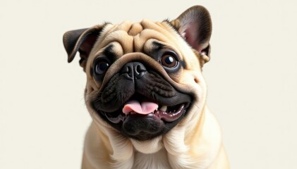Playful pug with wrinkled face, ears up, isolated, small, dog, funny