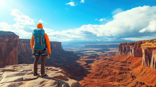 Climber on a desert mesa overlooking a canyon - Powered by Adobe