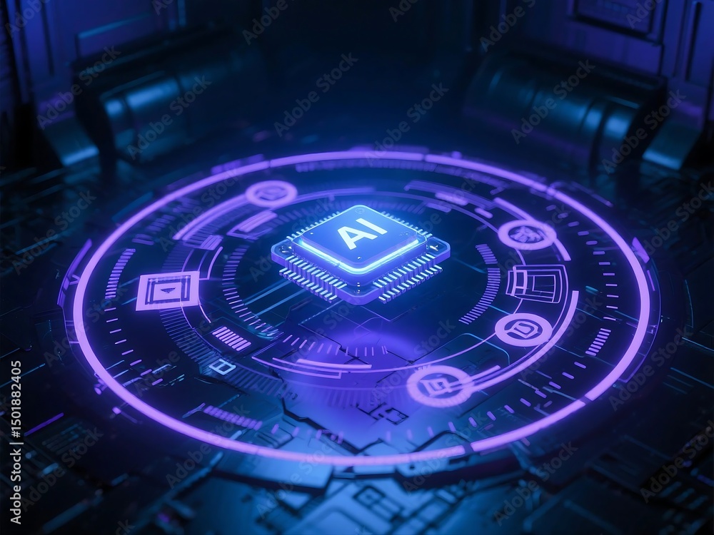 Poster 3d rendered futuristic illustration of a glowing ai microchip floating in a high-tech neon tunnel, s