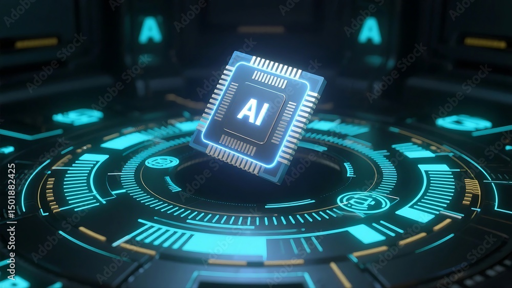 Poster 3d rendered futuristic illustration of a glowing ai microchip floating in a high-tech neon tunnel, s