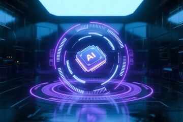 Obraz premium 3D rendered futuristic illustration of a glowing AI microchip floating in a high-tech neon tunnel, symbolizing artificial intelligence, machine learning, and advanced computing technology. 