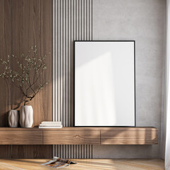 Frame mockup, ISO A paper size. Living room wall poster mockup. Interior mockup with house background. Modern interior design. 3D render
