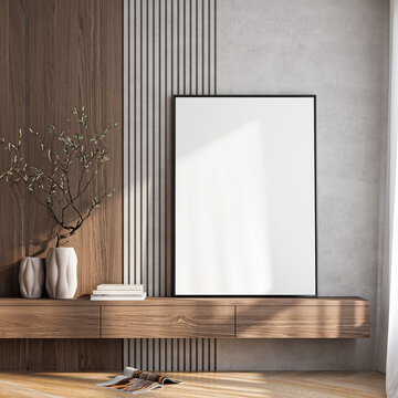 Frame mockup, ISO A paper size. Living room wall poster mockup. Interior mockup with house background. Modern interior design. 3D render
