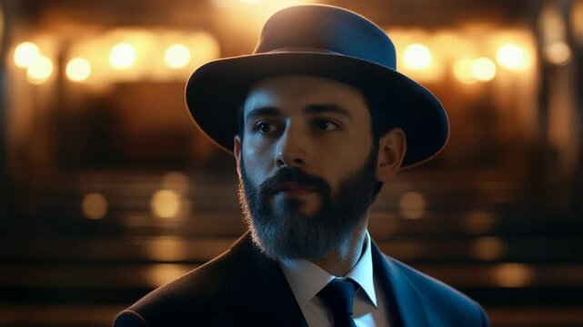Man in synagogue with backlight and traditional hat
