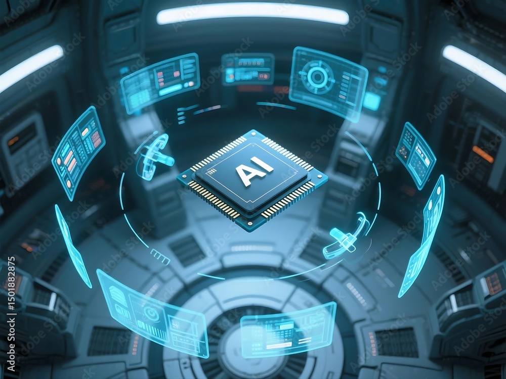 Poster 3d rendered futuristic illustration of a glowing ai microchip floating in a high-tech neon tunnel, s