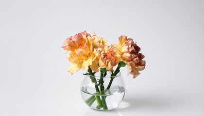 Peach and cream carnations in a round clear vase on a white surface
