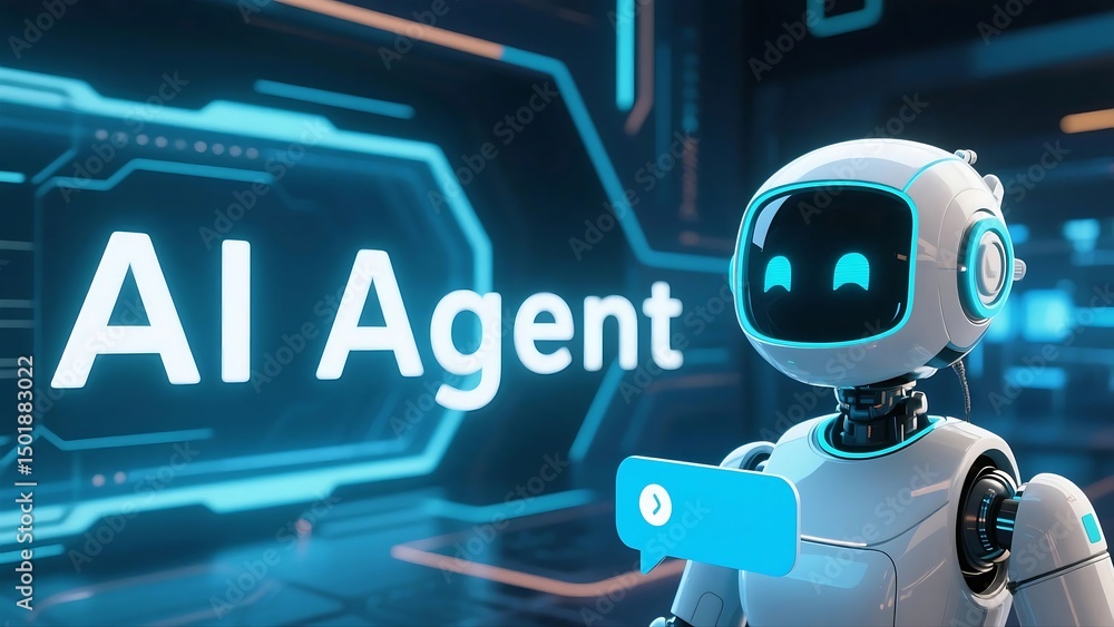 Poster 3d illustration of a humanoid female robot designed as an artificial intelligence chatbot, with glow