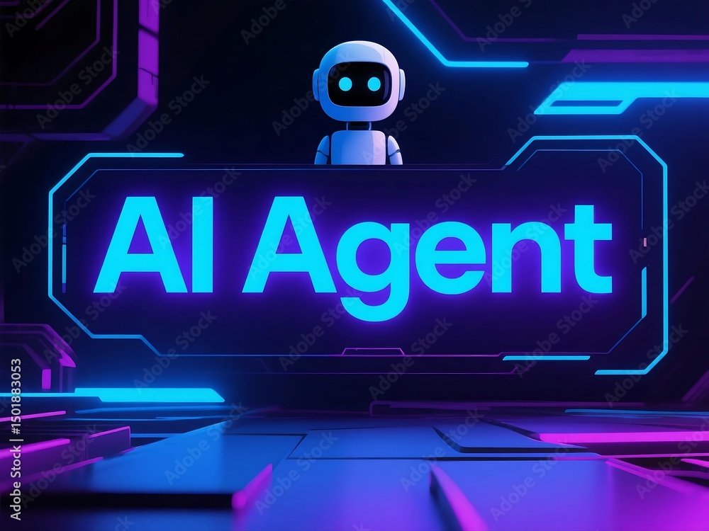 Poster 3d illustration of a humanoid female robot designed as an artificial intelligence chatbot, with glow