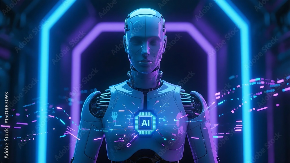 Poster 3d illustration of a humanoid female robot designed as an artificial intelligence chatbot, with glow