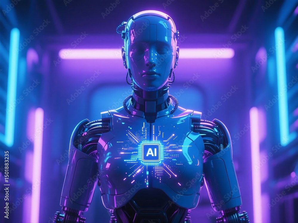 Poster 3d illustration of a humanoid female robot designed as an artificial intelligence chatbot, with glow