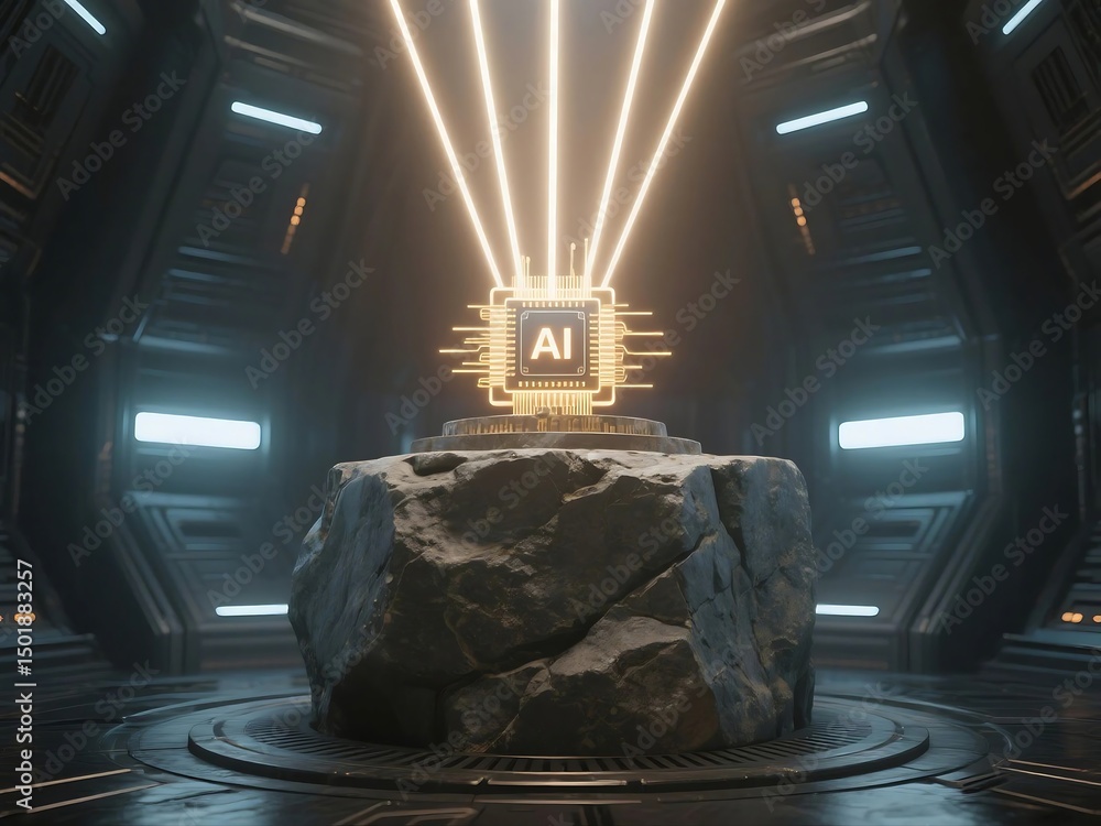 Poster 3d rendered futuristic illustration of a glowing ai microchip floating in a high-tech neon tunnel, s