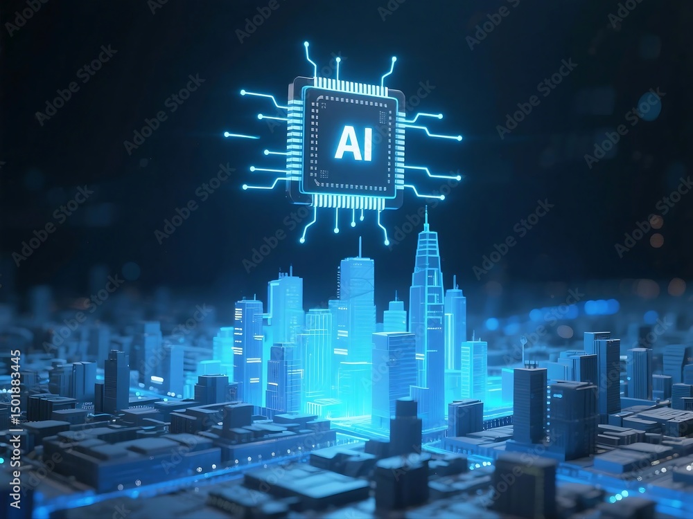 Poster 3d rendered futuristic illustration of a glowing ai microchip floating in a high-tech neon tunnel, s