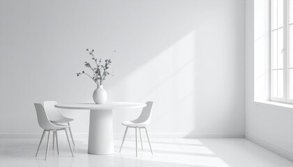 Minimalist all-white room with round table, chairs, vase of flowers, and window
