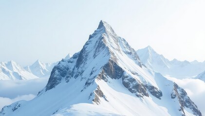 Snow-covered mountain peak against a clear white sky, scenic, adventure