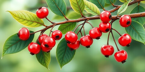 A close up of a branch with several bright red berries and green leaves against a soft background