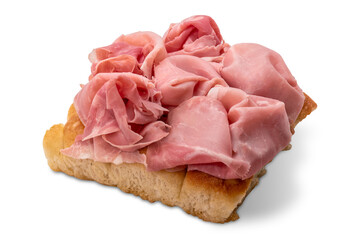 Slice of Genoa flatbread with slices of ham on top, tasty flatbread snack isolated
