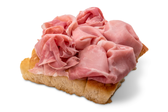 Slice of Genoa flatbread with slices of ham on top, tasty flatbread snack isolated