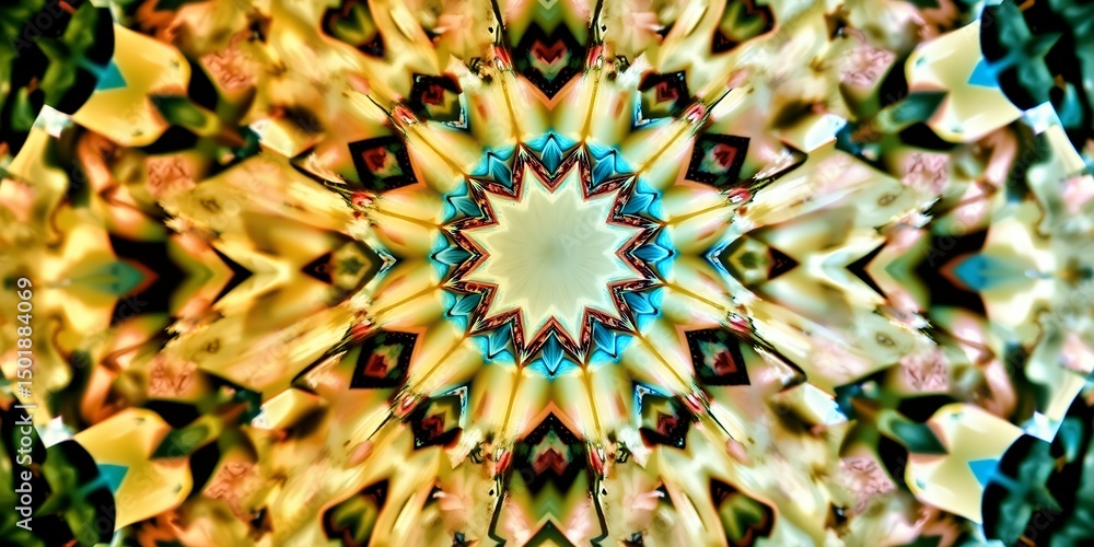 Poster kaleidoscopic image featuring a central starburst pattern with yellow and teal color scheme art