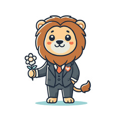 Cartoon Lion Wearing Suit Holding Flower Isolated on White Background