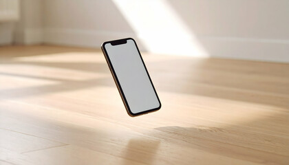 Floating Smartphone on Light Wood Floor