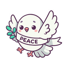 Cute White Dove Holding Olive Branch with a Peace Ribbon Cartoon Illustration