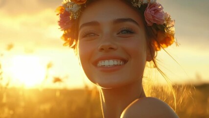 A woman with a flower crown beams with happiness as the sun sets, surrounded by blossoming field - Powered by Adobe