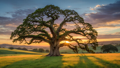 Fototapeta premium Majestic Oak in Golden Light – Vibrant Countryside Landscape