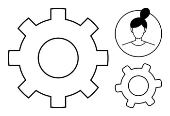 Large and small gears beside female avatar in a circular frame. Ideal for teamwork, organization, workflow, collaboration, management, efficiency, process development. Flat simple metaphor